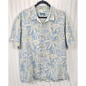 Tommy Bahama Mens XL Linen Tropical Floral Palm Print Button Down Shirt Blue